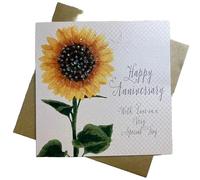 WHITE COTTON CARDS Tarjeta de Aniversario Hecha a Mano con Texto en inglés Happy Anniversary with Love On A Very Special Day (Girasol), Blanco, 16cm x 16cm