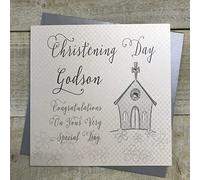 white cotton cards Tarjeta de Bautizo Hecha a Mano con Texto en inglés Silver Church, Christening Day Godson Felicitations, Color Blanco, WB46C-GOD/S, 16cm x 16cm