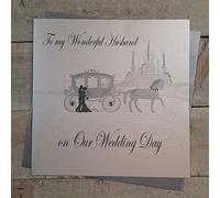 WHITE COTTON CARDS Tarjeta de Boda Grande Hecha a Mano con Texto en inglés «To My Wonderful Husband On Our Wedding Day» (Caballo y carruaje), Blanco, 22cm x 22cm