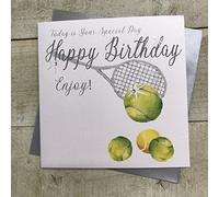 White Cotton Cards Tarjeta de cumpleaños hecha a mano con texto en inglés "Tennis Today Is Your Special Day Happy Birthday Enjoy!", N31