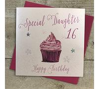 WHITE COTTON CARDS Tarjeta de cumpleaños número 16 Hecha a Mano con Texto en inglés Pink Cupcake, Special Daughter 16 Happy Birthday, Color Blanco, WB188-16