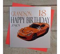WHITE COTTON CARDS Tarjeta de cumpleaños número 18 para Nieto con Texto en inglés Happy Birthday. Enjoy, Hecha a Mano (código N62-GS18, Coche Deportivo, Naranja), Algodón, Blanco