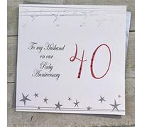 WHITE COTTON CARDS Tarjeta de felicitación Aniversario con Texto en inglés «To My Husband On Our Ruby Anniversary 40», Hecha a Mano (Gama Big Twist, rubí), Blanco, 22cm x 22cm