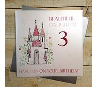 WHITE COTTON CARDS Tarjeta de Tercer cumpleaños Hecha a Mano con Castillo de Princesa para Hija, Blanco, 22x22 cm