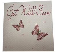 White Cotton Cards-Tarjeta Hecha a Mano, diseño de Texto Get Well Soon, Flores y Mariposas, Color Negro