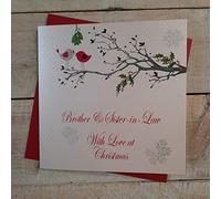 WHITE COTTON CARDS Tarjeta Hecha a Mano para Hermano y cuñada con Amor en Navidad. (Robins en Tree, código xx14-108), Tela, Blanco, 16cm x 16cm