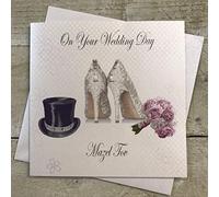 WHITE COTTON CARDS Tarjeta judía Hecha a Mano con diseño de Mazel Tov en el día de tu Boda (Sombrero de Copa y Ramo, código JEPD8), Algodón, Blanco, 16cm x 16cm