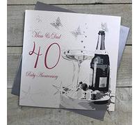 White Cotton Cards Tarjeta tamaño Grande de felicitación de 40 Aniversario de Boda para Madre y Padre, Hecha a Mano, Blanco