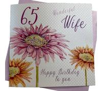 WHITE COTTON CARDS Wb103-65-Tarjeta de felicitación cumpleaños Hecha a Mano con Texto en inglés Flowers, Wonderful Wife 65 Happy Birthday To You, Color Blanco, Algodón, 16cm x 16cm