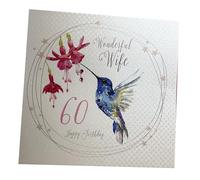 WHITE COTTON CARDS wb192 - 60 "Colibrí, Wonderful Wife 60 Happy Birthday Mano de 60 cumpleaños, Color Blanco
