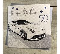 WHITE COTTON CARDS WBA50-B-Tarjeta de 50 cumpleaños Hecha a Mano, diseño de Coche de Carreras, Color Blanco, Algodón, 16cm x 16cm