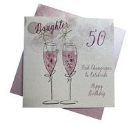 WHITE COTTON CARDS wba50p-d Rosa Champán, Hija 50 para Celebrar Happy Birthday Mano de 50 cumpleaños, Color Blanco