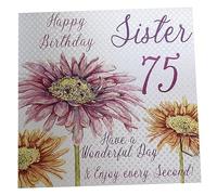 WHITE COTTON CARDS wba75-s Rosa gerbra, Happy Birthday 75 Hermana Have a Wonderful Day Hecha a Mano Tarjeta de cumpleaños (75, Color Blanco