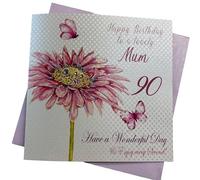 WHITE COTTON CARDS wba90-mum Tarjeta de 90º cumpleaños con Texto en inglés Pink Gerbra, Happy Birthday 90 Mum Have a Wonderful Day Hecha a Mano, Blanco
