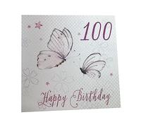 WHITE COTTON CARDS WBB100-Tarjeta de felicitación de 100 cumpleaños Hecha a Mano con diseño de Mariposas Rosas, Algodón, Blanco, 16cm x 16xm