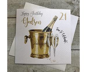 WHITE COTTON CARDS WBS21-GODS - Tarjeta de felicitación para 21 cumpleaños, diseño de Cubo de champán, Hecha a Mano, Color Blanco