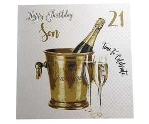 WHITE COTTON CARDS wbs21-son Cubitera de champán Purpurina, Hijo 21 Happy Birthday Hecha a Mano Tarjeta de cumpleaños, Color Blanco