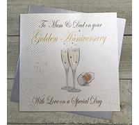 WHITE COTTON CARDS XLWA50M - Tarjeta para 50º Aniversario de Padres (tamaño Grande, Hecha a Mano), diseño con Texto To Mum and Dad on Your Golden Anniversary y Copas de champán