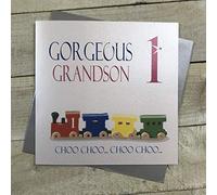 WHITE COTTON CARDS XN215-GS1-Tarjeta de Primer cumpleaños Hecha a Mano con Texto en inglés Train, Gorgeous Grandson 1 Choo.Choo Choo, Blanco, 22cm x 22cm