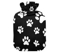White Dog Paw Prints - Botella de agua caliente negra con cubierta suave, calentador de pies de mano, bolsa de agua caliente para compresas frías y calientes, tamaño mediano