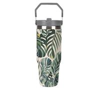 White Ed - Vaso de 880 ml con diseño de hojas botánicas tropicales con pajilla, taza de viaje de acero inoxidable aislada con diseño de asa, taza de café al vacío de doble pared, tapa a prueba de