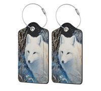 White Fox in The Snow - Etiqueta de equipaje para maleta, paquete de 2 etiquetas de equipaje de cuero con solapa de privacidad, etiqueta de identificación de nombre y lazo de metal para mujeres y