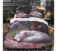 White Fox Under The Cherry Tree Funda Nórdica Juego De Cama Funda De Edredón Microfibra Impresión 3D Funda De Almohada para Niñas Y Niños Super King（260x220cm）