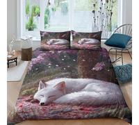 White Fox Under The Cherry Tree Funda Nórdica Microfibra Impresión 3D Juego De Ropa De Cama Funda Y Fundas De Almohada para Niñas Y Niños Double（200x200cm）
