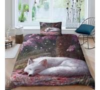 White Fox Under The Cherry Tree Juego De Cama, Funda De Edredón De Microfibra con Impresión 3D,con Funda De Almohada para Niños Y Adultos Single（135x200cm）