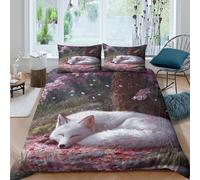 White Fox Under The Cherry Tree Juego De Ropa De Cama Funda De Edredón Impresión En 3D,3 Piezas Microfibra Suave King（220x240cm）
