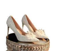 White French Wedding Shoes Women's Pearl Heel Pointed Shallow Mouth Bride(White 8CM Heel,40)