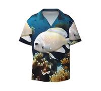 White-Golden Fish Camisa informal de manga corta para hombre, elegante estampado hawaiano, transpirable y cómoda, con botones, Negro, M