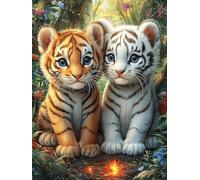 White Hermanos Tigre Puzzles 1000 Piezas Obra De Arte Abstracta Pintura al óleo fantástica de Animales Salvajes Rompecabezas para Adultos Decoración Hogar Moderno DIY Creativo Desafío 1000 PCS