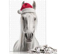 White Horse with Santa Hat Puzzles Imposible,desafío para Adultos Entretenimiento Creativo 1000 Piezas Obra De Arte De Juego De para Adultos Y Niños A Partir De 12 Años 500pcs (52x38cm)