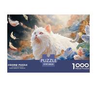 White Kitten Surrounded by Blue Feathers 1000 Pcs Ökopapier Puzzle White Kitten Stressabbau Kreatives Spiel Puzzles Für Erwachsene Und Kinder 38x26cm/1000pcs