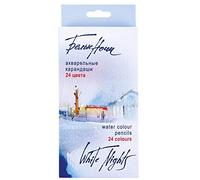 White Nights Lápices rusos de acuarela, estuche de 24 unidades en caja de cartón, lápices con estuche de madera de alto brillo, transferencia suave del color, solubles en agua.