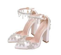 White Pointed Crystal Wedding Shoes Thick Heel Ultra-High Bridal One-Line Buckle Strap Tassel Rhinester Women(White 7.5cm,37)