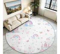 White Rainbow Castle - Alfombra redonda de 160 cm, lavable, diseño de | Magical Fairytale - Tapete circular suave y antideslizante de pelo bajo, bonita alfombra de área de juego para guardería y
