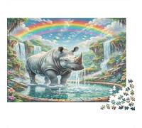 White Rhinoceros 1000 Piece for Adults Teens Rhinoceros at Waterfall Educational Game for Wall Decoration 38x26cm/1000pcs