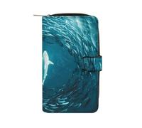 White Shark Hunting Fishes in The Blue Ocean - Cartera larga de piel sintética para mujer, organizador de mano para oficina y viajes