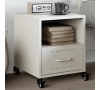 White Steel Nightstand with Wheels 36x39x43.5 cm - Elegant Cold Rolled Steel Bedside Table with Drawer Storage, Easy to Move & Clean for Bedroom, Living Room