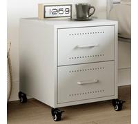 White Steel Nightstand with Wheels 36x39x43.5cm - Elegant Cold Rolled Steel Bedside Table with 2 Drawers, Easy to Move & Clean, Modern Storage Furniture for Bedroom Living Room