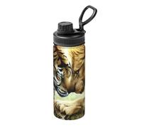 White Tiger and Lion (1) Botella de agua deportiva estampada con asa, adecuada para senderismo al aire libre, entrenamiento de fitness y viajes diarios.