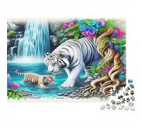 White Tiger Puzzle for The Whole Family White Tiger with Cub at Waterfall for Women, Gifts for Men Adults Kids 38x26cm 1000pcs