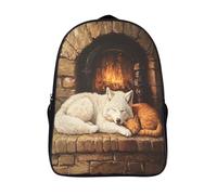 White Wolf And A Orange Cat Mochila Escolar Para Niños Gran Capacidad Farmhouse Fireplace En 3D Para Estudiantes De Primaria Y Secundaria De 16 inch