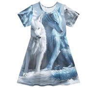 White Wolf Cyan Dragon - Vestido de manga corta para niñas pequeñas, vestido casual de verano para niños, Dragón cian lobo blanco, 3 Años