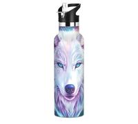 White Wolf Head Galaxy Wolves - Botella de agua de acero inoxidable con tapa con popote, botella aislada para niños y niñas, deportes, 20 onzas líquidas