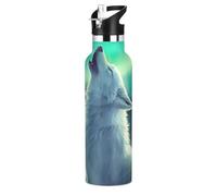 White Wolf Northern Lights Wolves - Botella de agua de acero inoxidable con tapa con popote, botella aislada para niños y niñas, deportes, 20 onzas líquidas