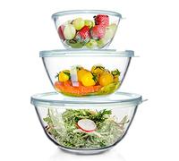 WhiteRhino Juego de 3 cuencos de mezcla con tapas, cuencos grandes de vidrio de cocina con tapas sin BPA, cuencos de anidación que ahorran espacio, cuencos vidrio para cocinar, hornear, preparar