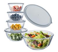 WhiteRhino Juego de Cuencos de Vidrio con Tapas - Set de 5 (0,8L, 1,05L, 1,6L, 2,7L, 4,45L), Ensaladera Grande con Patrón de Diamante, Cuencos Apilables para Cocina - Servir, Hornear, Preparar